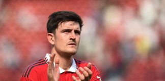 Manchester United's Harry Maguire in action during the English Premier League soccer match between Manchester United and Brighton Hove Albion in Manchester, Britain, 07 August 2022. EPA/Peter Powell EDITORIAL USE ONLY. No use with unauthorized audio, video, data, fixture lists, club/league logos or 'live' services. Online in-match use limited to 120 images, no video emulation. No use in betting, games or single club/league/player publications