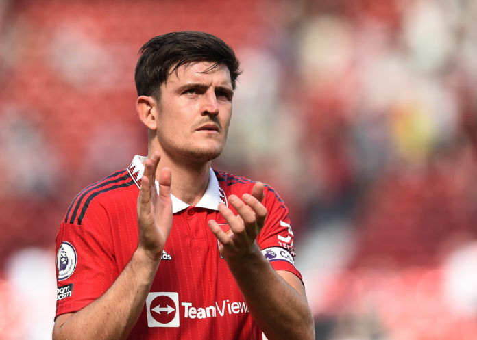 Manchester United's Harry Maguire in action during the English Premier League soccer match between Manchester United and Brighton Hove Albion in Manchester, Britain, 07 August 2022. EPA/Peter Powell EDITORIAL USE ONLY. No use with unauthorized audio, video, data, fixture lists, club/league logos or 'live' services. Online in-match use limited to 120 images, no video emulation. No use in betting, games or single club/league/player publications