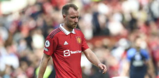 Christian Eriksen of Manchester United reacts after losing the English Premier League soccer match between Manchester United and Brighton Hove Albion in Manchester, Britain, 07 August 2022. EPA/Peter Powell EDITORIAL USE ONLY. No use with unauthorized audio, video, data, fixture lists, club/league logos or 'live' services. Online in-match use limited to 120 images, no video emulation. No use in betting, games or single club/league/player publications