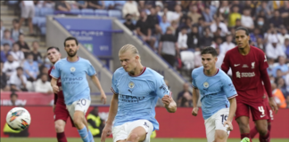 Manchester City's Erling Haaland in action during the FA Community Shield soccer match between Liverpool FC and Manchester City in Leicester, Britain, 30 July 2022. EPA/Andrew Yates EDITORIAL USE ONLY. No use with unauthorized audio, video, data, fixture lists, club/league logos or 'live' services. Online in-match use limited to 120 images, no video emulation. No use in betting, games or single club/league/player publications