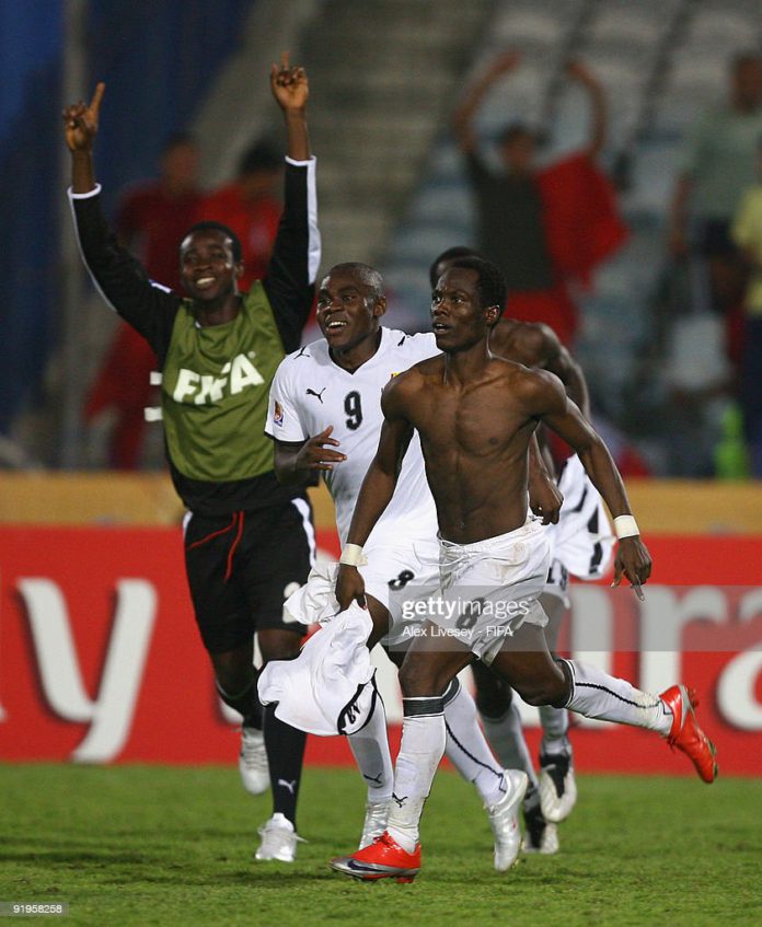 CAIRO, EGYPT - OCTOBER 16: Emmanuel Agyemang-Badu of Ghana (8) celebrates after scoring the winning penalty during a penalty shoot out against Brazil in the FIFA U20 World Cup Final between Ghana and Brazil at the Cairo International Stadium on October 16, 2009 in Cairo, Egypt. (Photo by Alex Livesey - FIFA/FIFA via Getty Images)