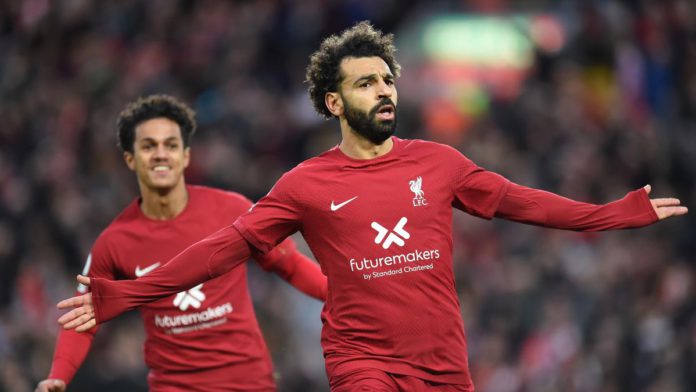 Mohamed Salah of Liverpool celebrates after scoring the first goal during the Premier League match between Liverpool FC and Manchester City at Anfield on October 16, 2022 in Liverpool, England. (Photo by John Powell/Liverpool FC via Getty Images) Image credit: Getty Images