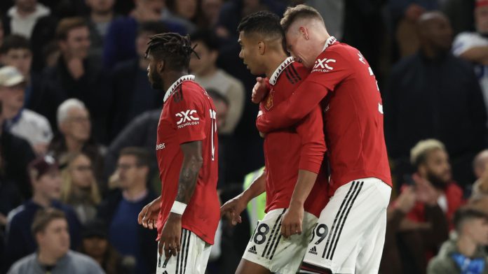 Casemiro of Manchester United celebrates after scoring a goal to make it 1-1 during the Premier League match between Chelsea FC and Manchester United at Stamford Bridge on October 22, 2022 in London, United Kingdom. Image credit: Getty Images