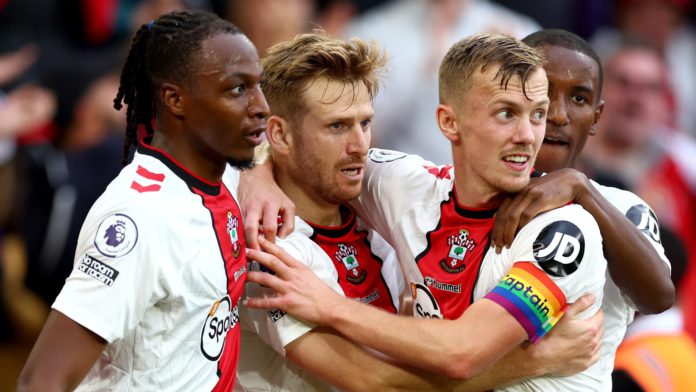 Stuart Armstrong of Southampton celebrates with teammates after scoring their team's first goal during the Premier League match between Southampton FC and Arsenal FC at Friends Provident St. Mary's Stadium on October 23, 2022 in Southampton, England Image credit: Getty Images