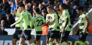 LEICESTER, ENGLAND - OCTOBER 29: Kevin De Bruyne of Manchester City celebrates with teammates after scoring their team's first goal during the Premier League match between Leicester City and Manchester City at The King Power Stadium on October 29, 2022 in Image credit: Getty Images