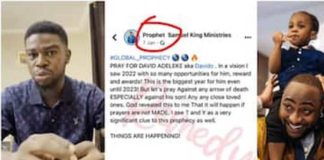 A video of a clergyman named Prophet Samuel King goes viral online as he claims to have predicted the death of Davido's first son, Ifeanyi. Photo credit: @davido/@prophetsamuelking ministries