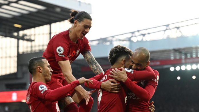 Roberto Firmino of Liverpool celebrates after scoring the first goal during the Premier League match between Liverpool FC and Southampton FC at Anfield on November 12, 2022 in Liverpool, England Image credit: Getty Images