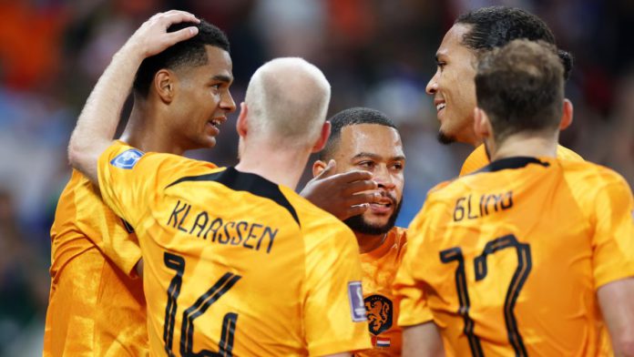 Cody Gakpo of Netherlands celebrates with team-mates Image credit: Getty Images