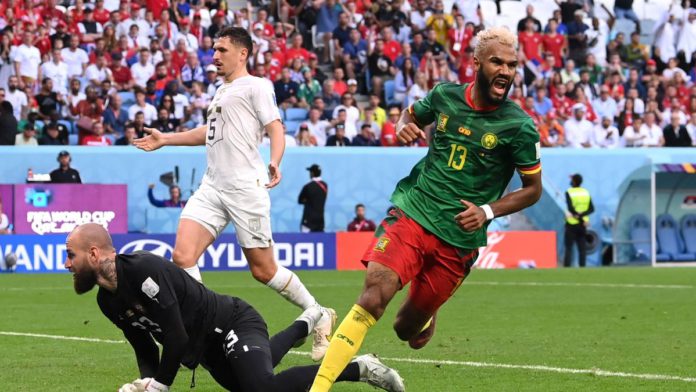 Eric Maxim Choupo-Moting of Cameroon celebrates after scoring their team's third goal during the FIFA World Cup Qatar 2022 Group G match between Cameroon and Serbia at Al Janoub Stadium on November 28, 2022 in Al Wakrah, Qatar. (Photo by Stu Forster/Getty Image credit: Getty Images