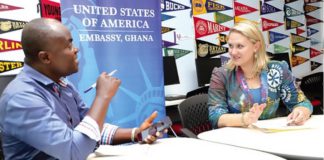 Emmanuel Bonney (left), a Staff Writer of the Daily Graphic, interviewing Laneice Brooker,the Cultural Affairs Attache of the US Embassy in Accra. Picture: SAMUEL TEI ADANO