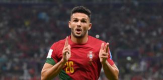 Goncalo Ramos of Portugal celebrates after scoring the team's first goal during the FIFA World Cup Qatar 2022 Round of 16 match between Portugal and Switzerland at Lusail Stadium Image credit: Getty Images