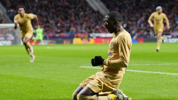 Ousmane Dembele of FC Barcelona celebrates after scoring the team's first goal during the LaLiga Santander match between Atletico de Madrid and FC Barcelona at Civitas Metropolitano Image credit: Getty Images