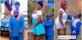 The lady said she and her man are happy souls. Photo credit: TikTok/@www.kahboh. Read more: https://yen.com.gh/people/227125-happy-curvy-lady-poses-diminutive-husband-viral-video-trends-tiktok/