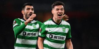 Pedro Goncalves celebrates during the UEFA Europa League round of 16 leg two match between Arsenal and Sporting CP at Emirates Stadium on March 16, 2023 in London, United Kingdom Image credit: Getty Images