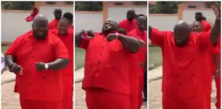 Ghanaian groomsman rocking orange kaftan shows off his dance moves. source: @live_with_kwaku