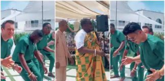 White friends of a Ghanaian groom struggled to dance agbadza in funny trending wedding video Photo source: @giovani.caleb