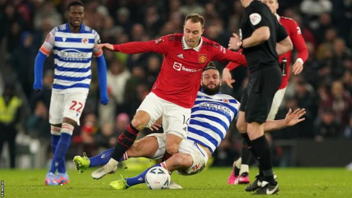 Christian Eriksen was forced off in the 57th minute against Reading in January after this challenge by Andy Carroll