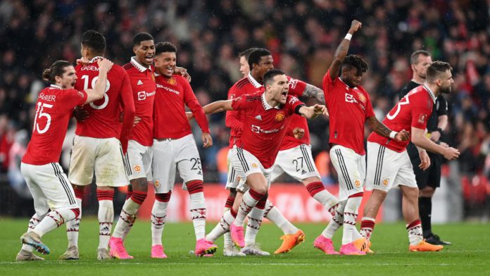 Manchester United players celebrates after the team's victory in the penalty shoot out during the Emirates FA Cup Semi Final match between Brighton & Hove Albion and Manchester United at Wembley Stadium Image credit: Getty Images