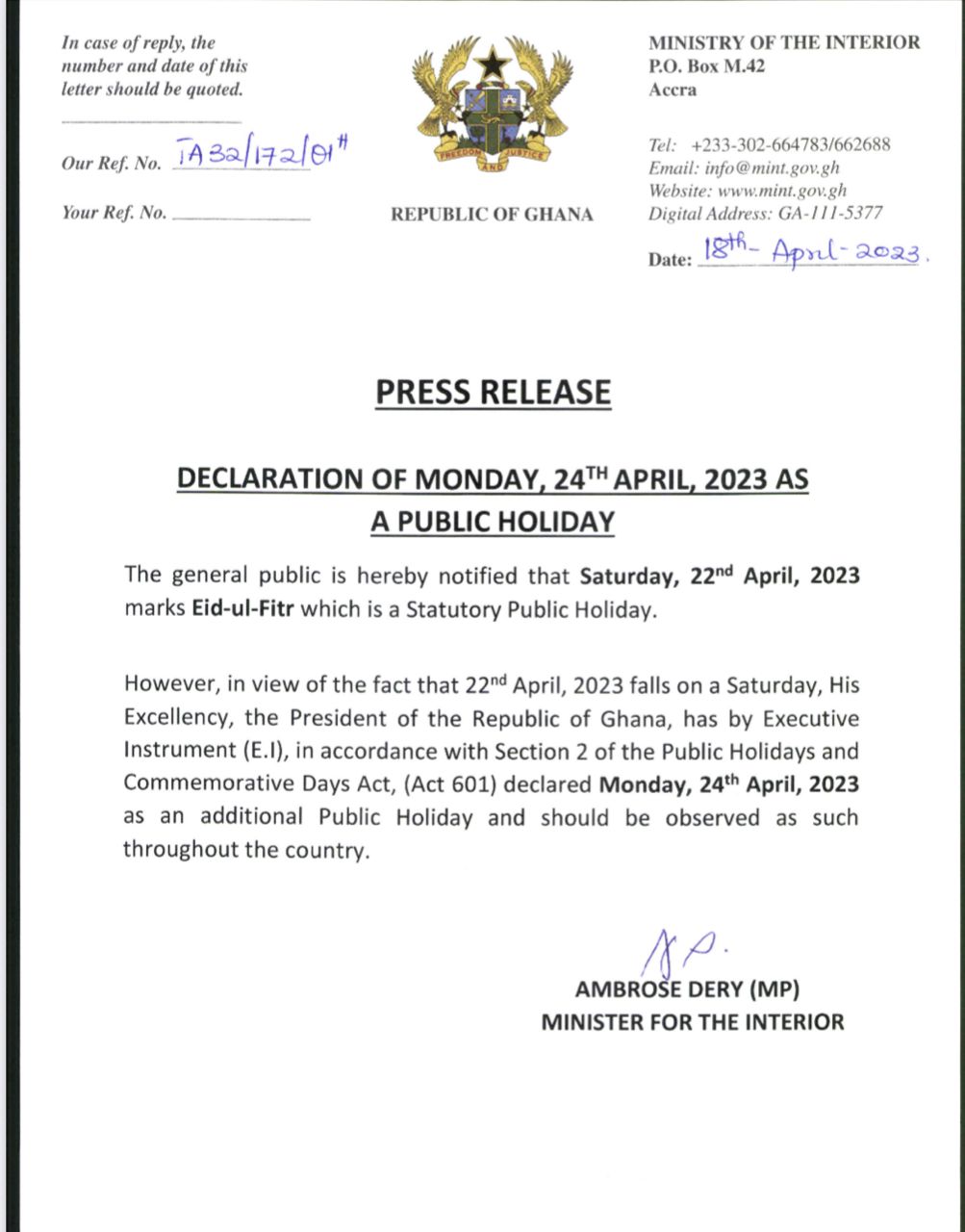 April 24 declared public holiday - Adomonline.com