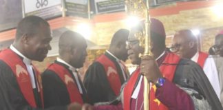 Most Rev. Paul Kwabena Boafo (with a staff in hand), ordaining the priests at the ceremony