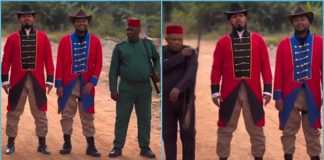 Ramsay Nouah, Victor Osuagwu And Charles Awurum on a film set in Ghana Photo credit: @Lil Win/Facebook