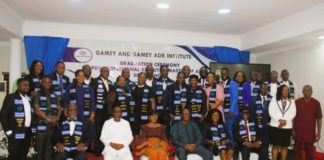 Justice Jennifer Abena Dadzie (third left), Mr Gamey (second left), and Dr Seddoh ( third right) with the graduating students