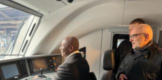 CEO of the Ghana Railways Development Authority, Yaw Owusu testing the train in Poland at the handing over ceremony last Friday