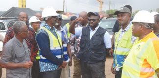 Francis Asenso-Boakye (2nd from left), Minister of Roads and Highways, speaking to Kwabena Bempong (right), Chief Resident Engineer, Ofankor–Nsawam road project. With him are Abass Awolu (left), Chief Director, Ministry of Roads and Highways, and some officials of the ministry. Picture: ELVIS NII NOI DOWUONA