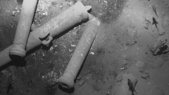 This undated photo taken by Colombia's Anthropology and History Institute shows sunken remains from the San Jose on the sea floor off the coast of Cartagena, Colombia. Colombia's Anthropology and History Institute/AP