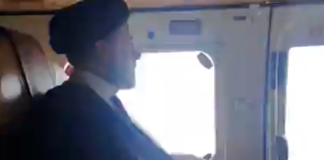 A screen grab from an IRIB via Tasnim News video shows Iranian President Ebrahim Raisi on a helicopter in Iran on May 19. IRIB via Tasnim News