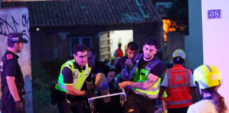 Medics taking injured people from a building that collapsed in Playa de Palma on the Spanish Mediterranean island of Mallorca. Picture: Isaac Buj/Europa Press/AP