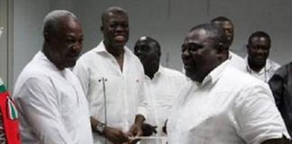 John Mahama greets Koku Anyidoho with late VP Amissah Arthur looking on - File photo