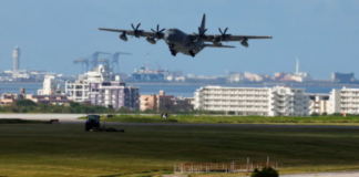 A US military plane takes off at the Kadena US Air Force Base in Kadena, Okinawa, Japan on August 24, 2023. Issei Kato/Reuters
