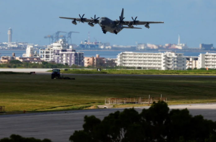 A US military plane takes off at the Kadena US Air Force Base in Kadena, Okinawa, Japan on August 24, 2023. Issei Kato/Reuters