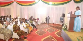 Ophelia Mensah Hayford (right), Minister of Environment, Science, Technology and Innovation, speaking at the launch in Accra. Picture: SAMUEL TEI ADANO