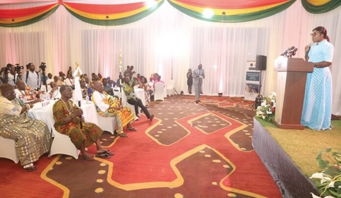 Ophelia Mensah Hayford (right), Minister of Environment, Science, Technology and Innovation, speaking at the launch in Accra. Picture: SAMUEL TEI ADANO