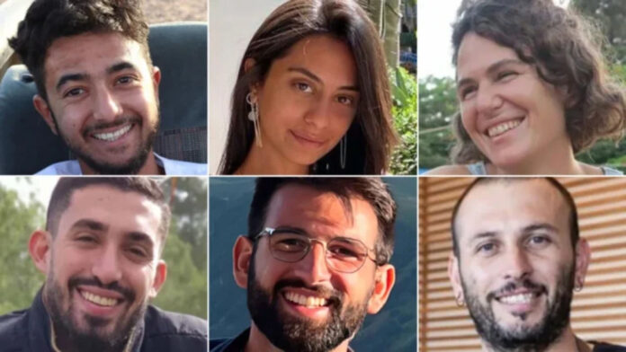 Top row, from left: Hersh Goldberg-Polin, Eden Yerushalmi and Carmel Gat. Bottom row, from left: Ori Danino, Almog Sarusi and Alex Lobanov. Courtesy Goldberg-Polin family/Courtesy Gat family/Hostages and Missing Families Forum