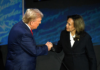 Former President Donald Trump shakes hands with Vice President Kamala Harris at the start of the ABC presidential debate in Philadelphia on Tuesday. Saul Loeb/AFP/Getty Images