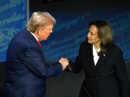 Former President Donald Trump shakes hands with Vice President Kamala Harris at the start of the ABC presidential debate in Philadelphia on Tuesday. Saul Loeb/AFP/Getty Images