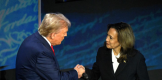 Former President Donald Trump shakes hands with Vice President Kamala Harris at the start of the ABC presidential debate in Philadelphia on Tuesday. Saul Loeb/AFP/Getty Images