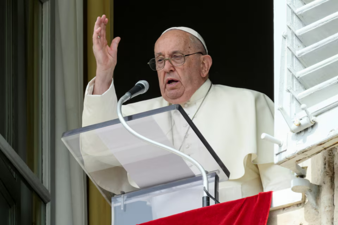 Pope Francis leads the Angelus prayer from his window on the day he condemned the killing of an environmental activist in Honduras, at the Vatican September 22, 2024. Vatican Media/­Handout via REUTERS