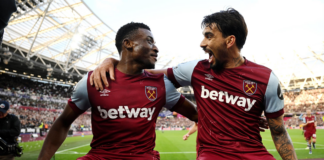 Mohammed Kudus of West Ham United celebrates with Lucas Paqueta of West Ham Image credit: Getty Images