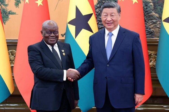 Chinese President Xi Jinping meets with Ghanaian President Nana Addo Dankwa Akufo-Addo, who is in Beijing for the 2024 Summit of the Forum on China-Africa Cooperation (FOCAC), at the Great Hall of the People in Beijing, capital of China, Sept. 5, 2024. (Xinhua/Yao Dawei)