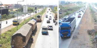 An aerial shots of the motorway last year (left) and from the same spot yesterday (right)