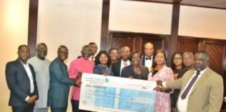 Labadi Beach Hotel Presenting Dividend Cheque to the Shareholder. From L-R Mr. Alfred Opoku Agyepong-Financial Controller, Labadi Beach Hotel, Mr. Addae Antwi-Boasiako, Board Member, Mr David Eduaful-Managing Director-Labadi Beach Hotel, Professor Douglas Boateng-Board Chair, Mr. Emmanuel Animley-Deputy Financial Controller-Labadi Beach Hotel, Mrs. Yvonne Prempeh-SSNIT, Ms. Trudy Lamptey-Company Secretary, Mr. Sampson Addo-SSNIT, Mrs. Juliana Addo-Yobo-Board Member, Mr. Kenneth Agyare-SSNIT, Mrs. Rosemary Yeboah-Board Member, Ms. Juliana Kpedekpo-Board Member, Mr Abdul Rahim Ahmed-Board Member, Mr. Joseph Appau Boateng-SSNIT.