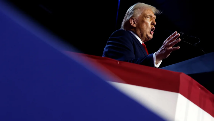 Republican presidential nominee, former President Donald Trump speaks during an election night event at the Palm Beach Convention Center in West Palm Beach, Florida, on November 06, 2024. Chip Somodevilla/Getty Images