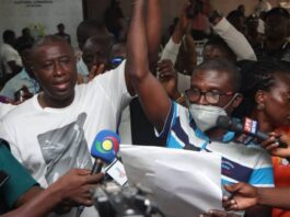 Patrick Yaw Boamah (left), being declared winner of the Okaikwei Central Constituency Parliamentary election. Picture: ELVIS NII NOI DOWUONA