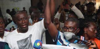 Patrick Yaw Boamah (left), being declared winner of the Okaikwei Central Constituency Parliamentary election. Picture: ELVIS NII NOI DOWUONA