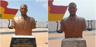 The statue of former President John Evans Atta Mills before (L) and after the vandalism